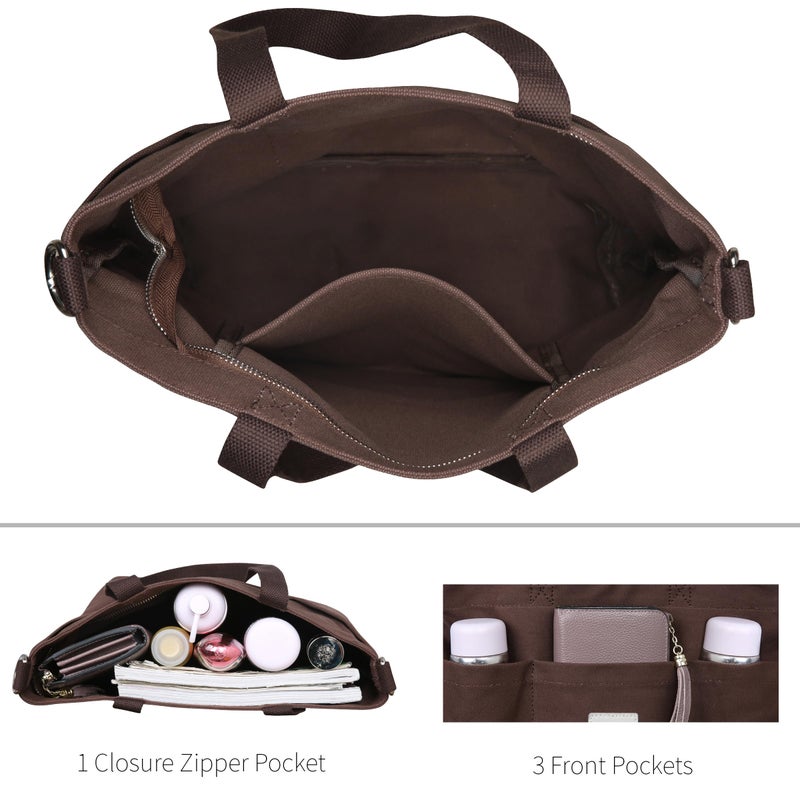 Iswee Canvas Tote Bag with Zipper Multi Pockets Tote Purse for Women Fashion Crossbody Tote Shoulder Bag Handbag Everyday Bag(Coffee) - Image 5